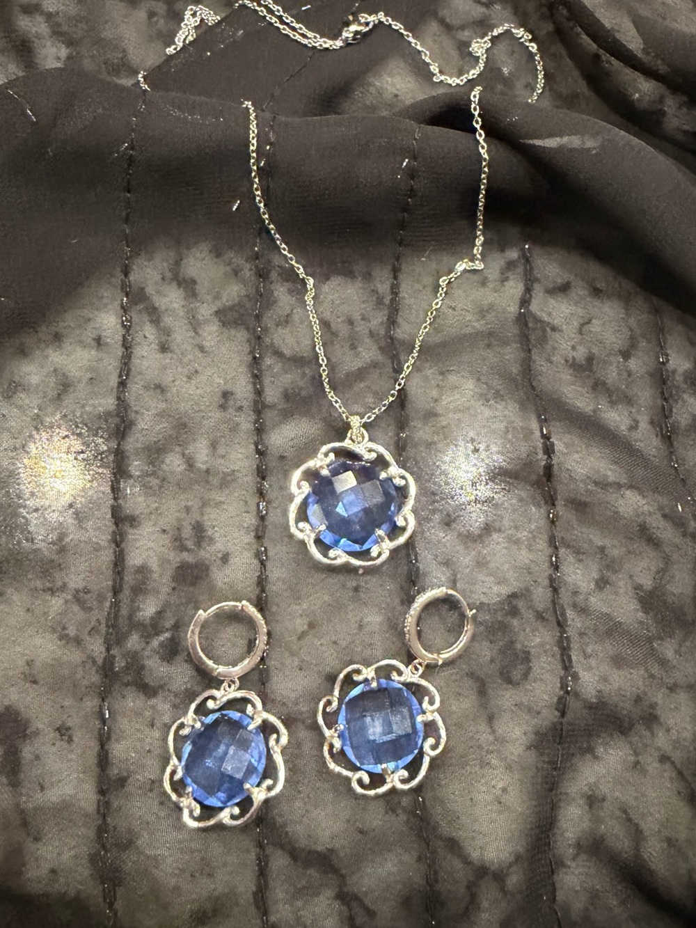 Silver Necklace and Earring Set with Blue Gemstone